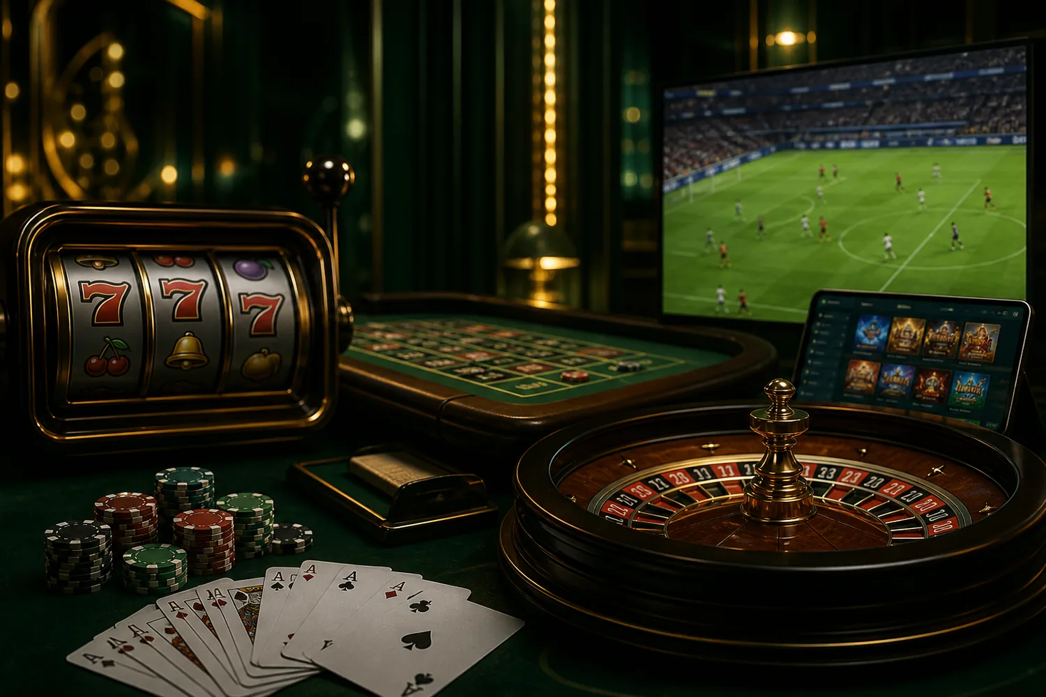 Kolase kategori slot, roulette, kartu, dan olahraga